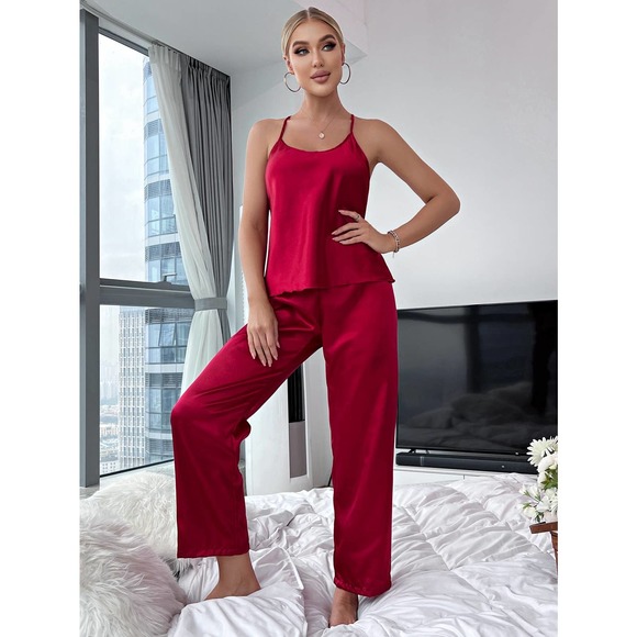 2 piece pajama set: Crisscross Backless Satin Cami Top & Pants PJ Set red - Picture 5 of 6